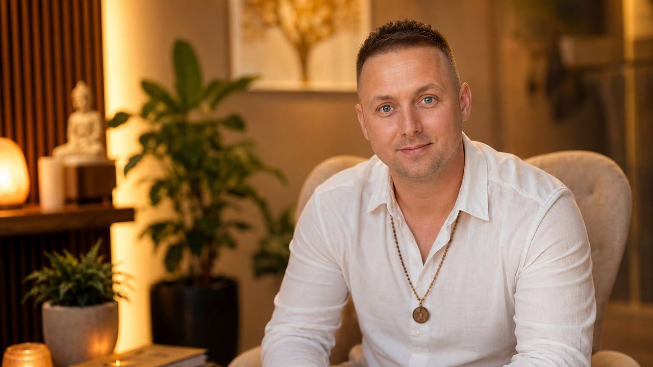 Cristian Tuhuț, seated in an armchair, in a warm room lit by a lamp.