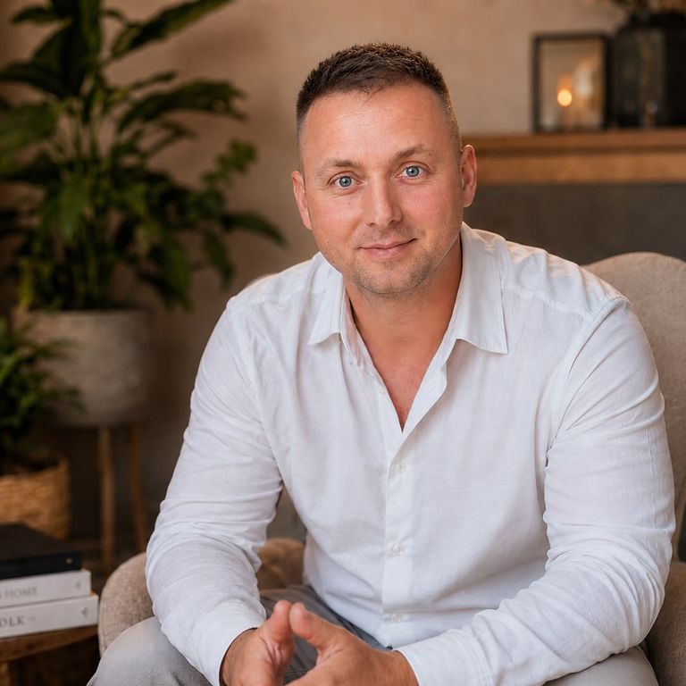 Cristian Tuhuț, seated in an armchair, in the room where he holds sessions.